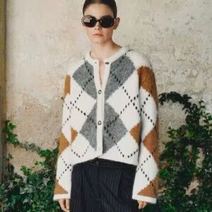 Massimo Dutti Alpaca Blend Argyle Cardigan Sweater – Size M